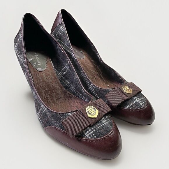 Etienne Aigner | Shoes | Etienne Aigner Brown And Plaid  Y2K Etienne Aigner Brown Plaid Wool & Leather Bow Heels Women’s Size 6.5